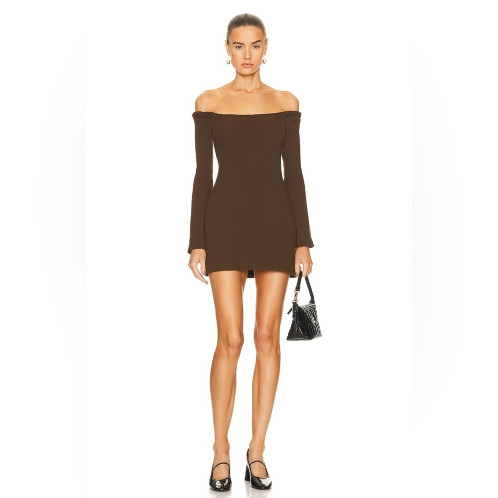 KHAITE Off-Shoulder Long Sleeve Mini Dress in Brown